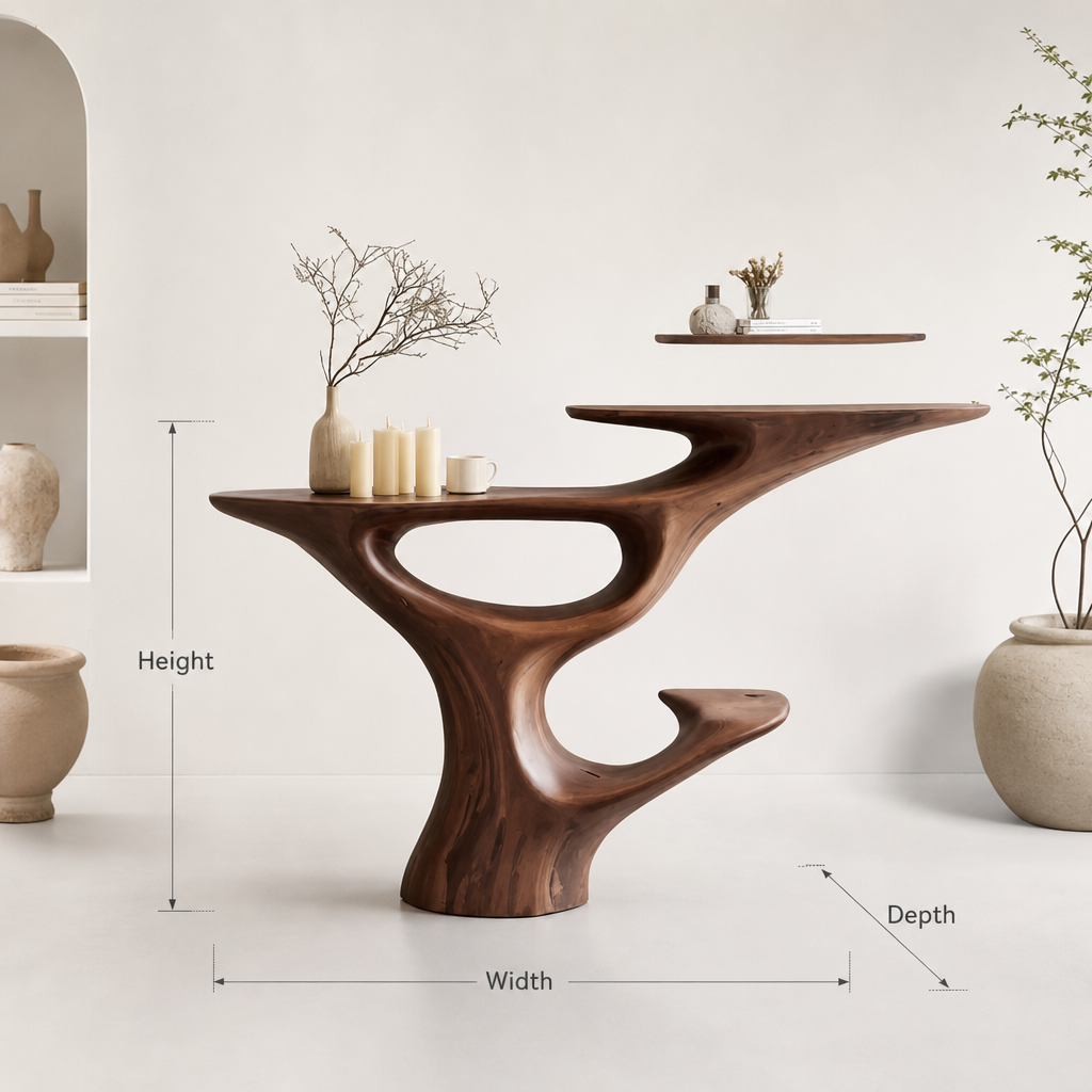 Handcrafted Sculptural Wood Console Table – Contemporary Curved Natural Wood Design