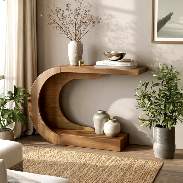 Handcrafted Sculptural Wood Entryway Table - Geometric Arched Design