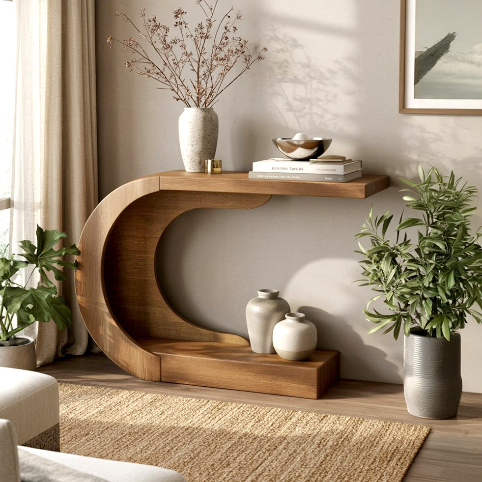 Modern sculptural console table with geometric wood base