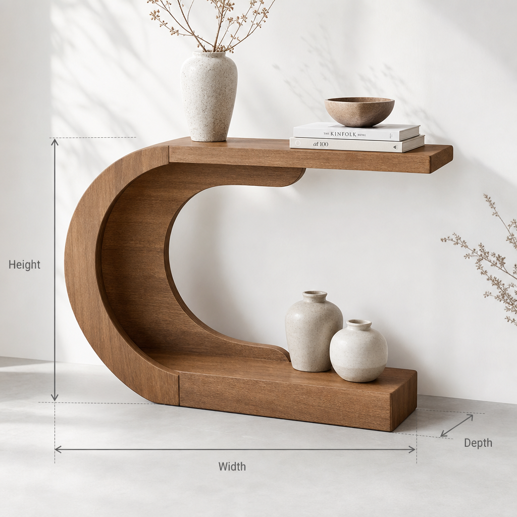 Handcrafted Sculptural Wood Entryway Table - Geometric Arched Design