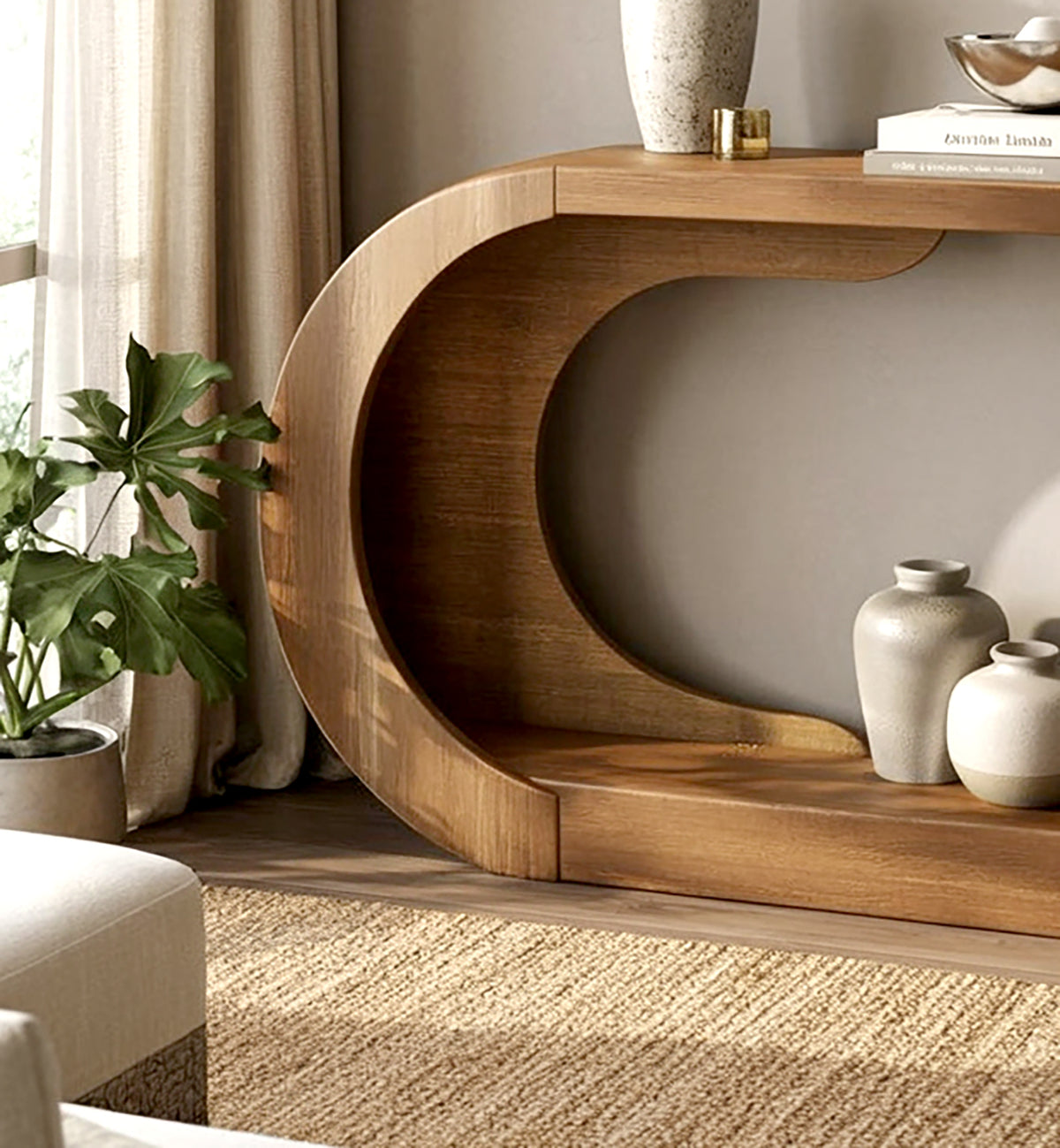 Artistic wood entry table with curved arch silhouette