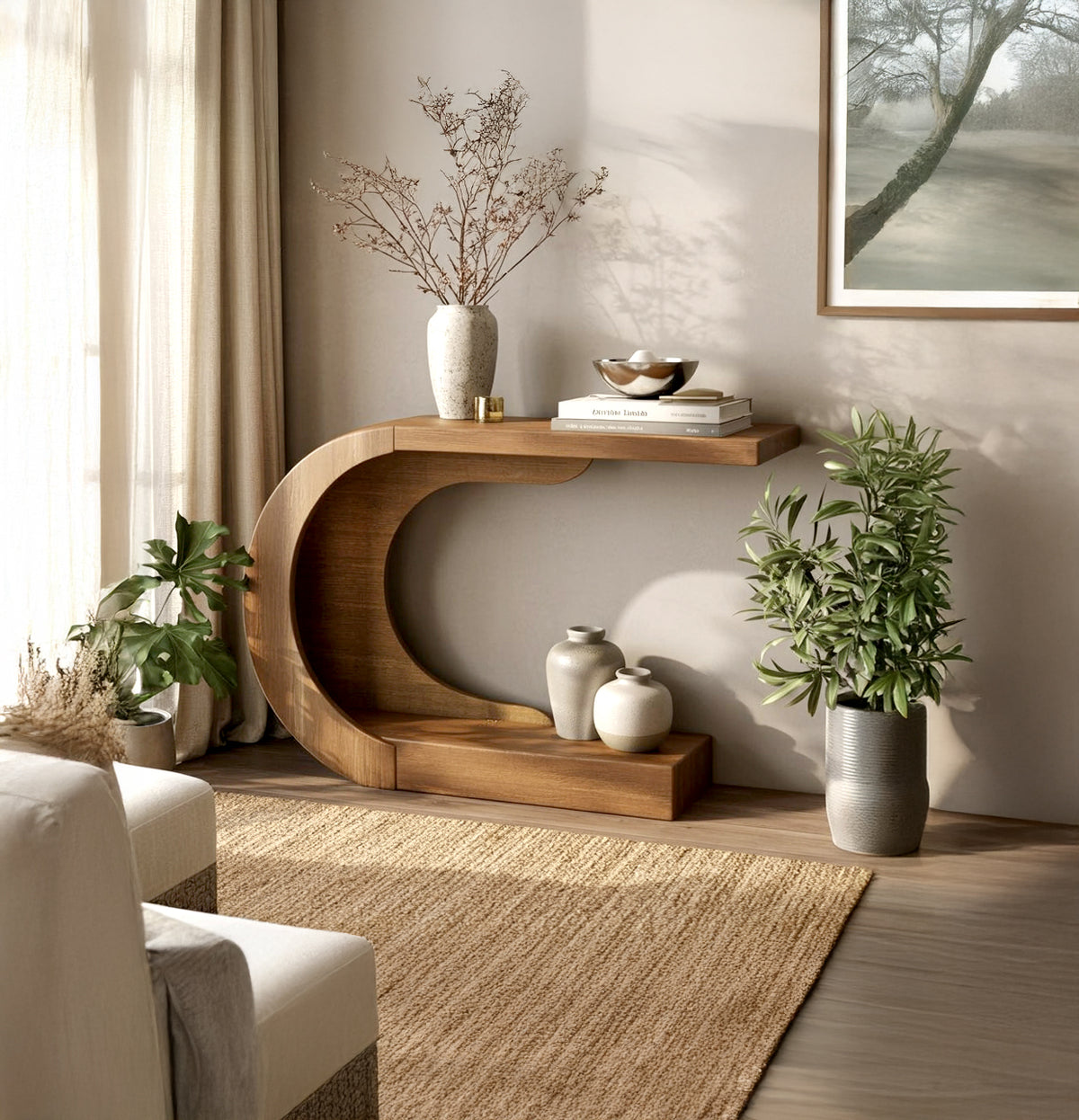 Sculptural wood entryway table with geometric arched design