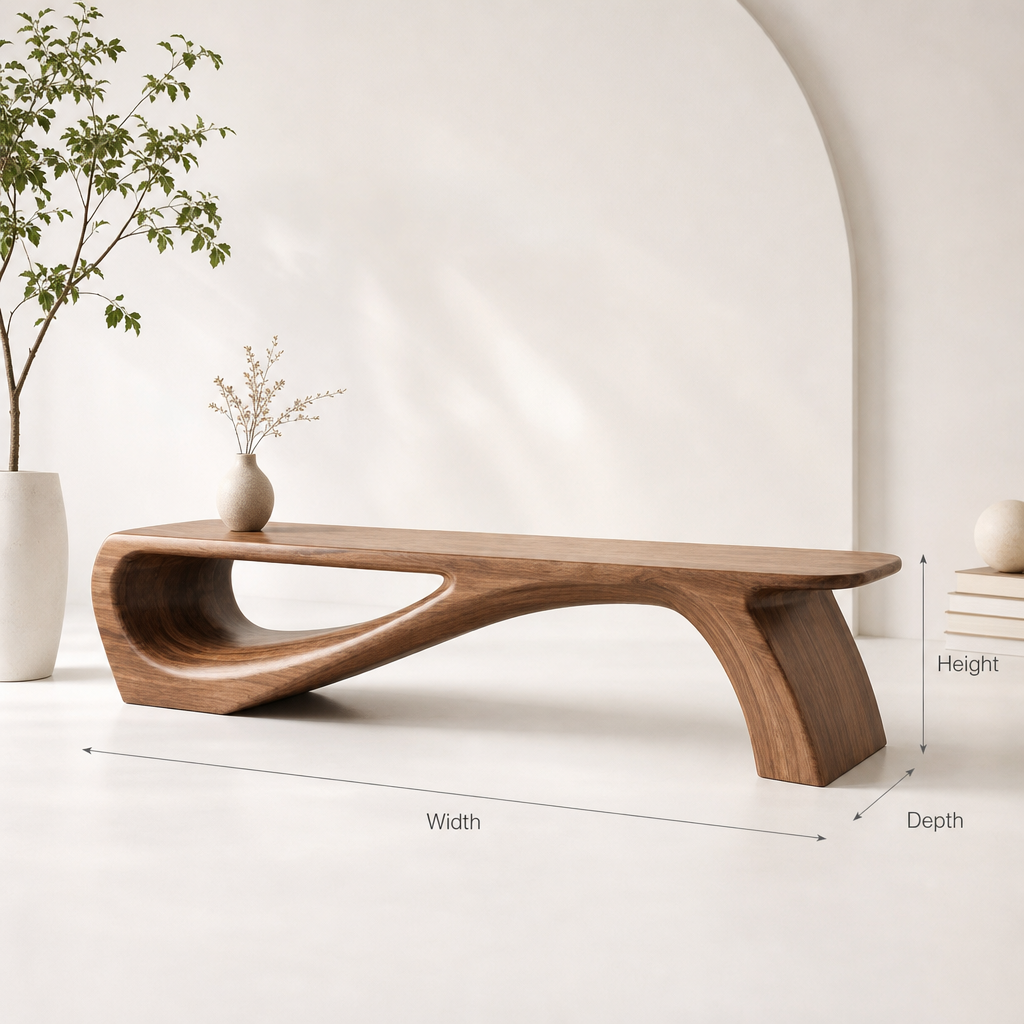 Handcrafted solid wood artistic bench showcasing a soft organic wave silhouette