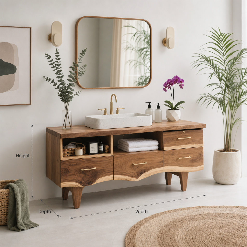 Modern handcrafted solid wood bathroom vanity in a luxury restroom