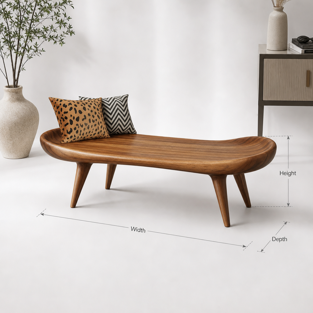 Modern rustic handcrafted solid wood bench with sculpted organic design seating