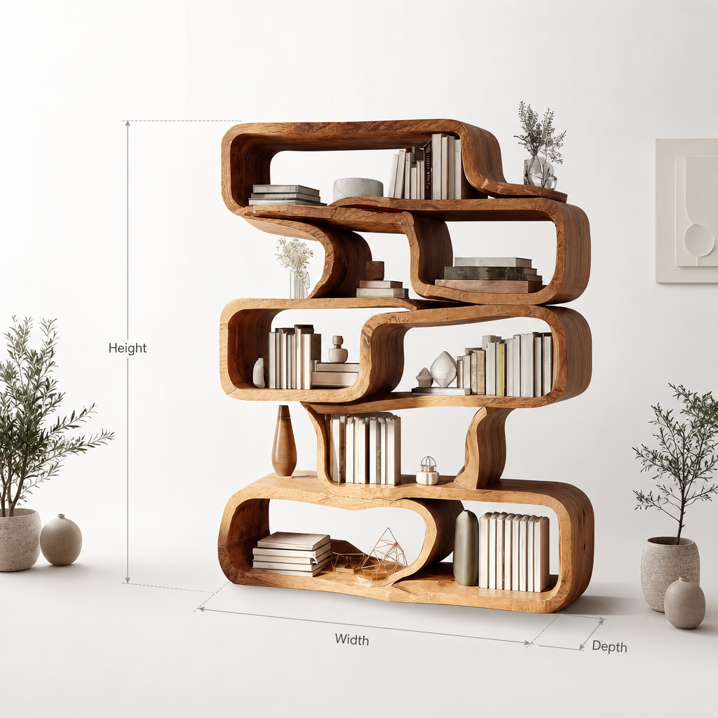 Handcrafted Solid Wood Bookshelf – Modern Sculptural Bookcase, Artistic Storage Shelf