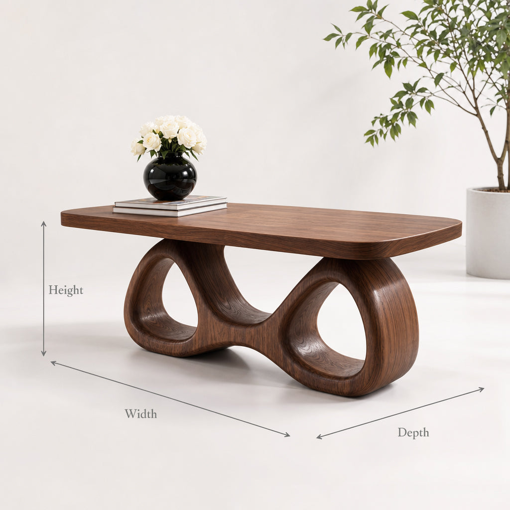 Handcrafted Solid Wood Coffee Table with Curved Abstract Base Mid Century Modern Living Room Furniture