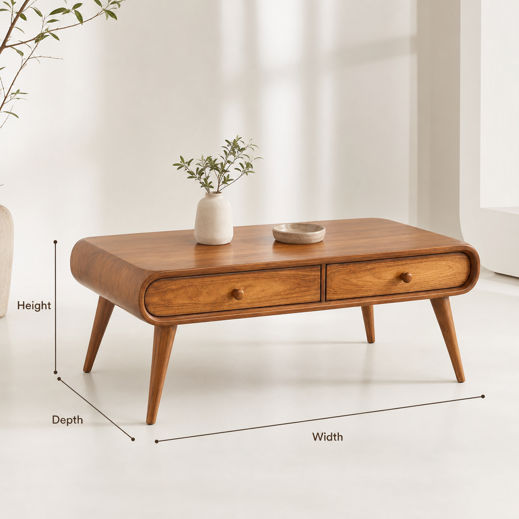 Handcrafted Solid Wood Coffee Table with Drawers Mid-Century Modern Elegance