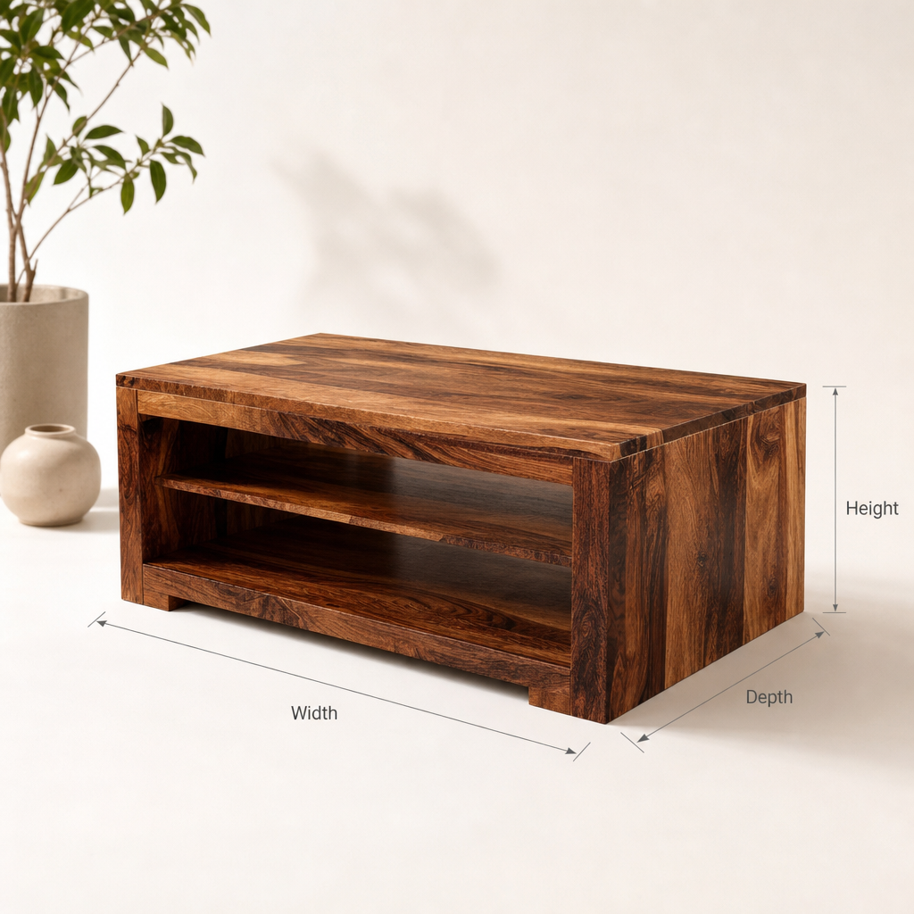 Handcrafted Solid Wood Coffee Table with Open Storage, Modern Rustic Living Room Table