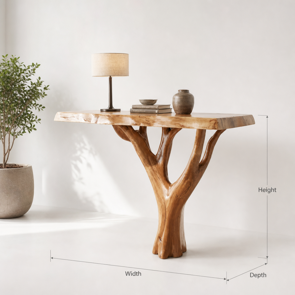 Handcrafted Solid Wood Live Edge Console Table with Natural Tree Base – Rustic Modern Accent