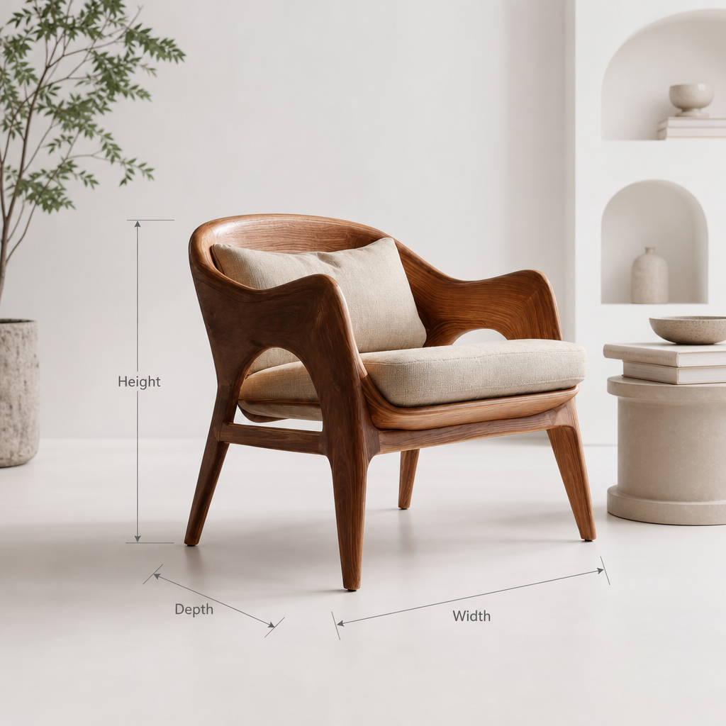 Modern organic handcrafted solid wood sculpted armchair for contemporary living room