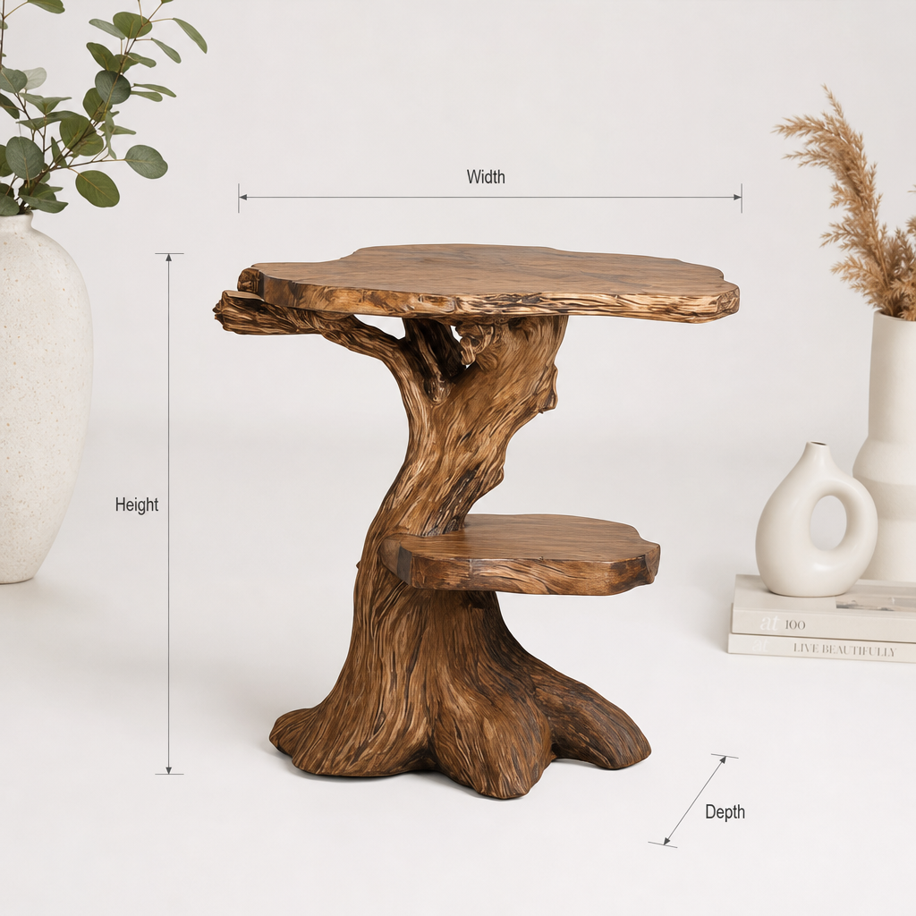Handcrafted Solid Wood Nightstand - Sculpted Tree-Base Two-Tier Bedside Table