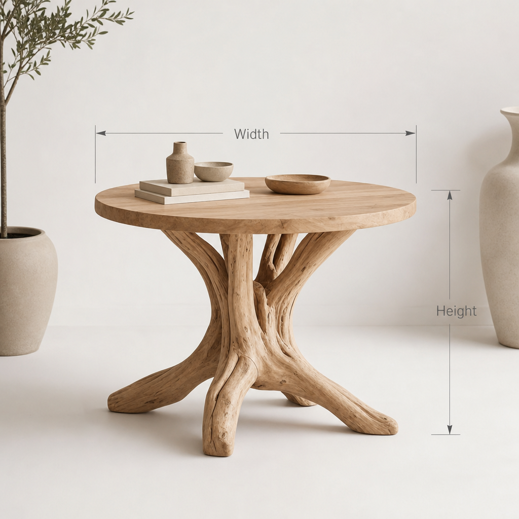 Handcrafted Solid Wood Round End Table – Sculptural Tree Root Base Living Room Table