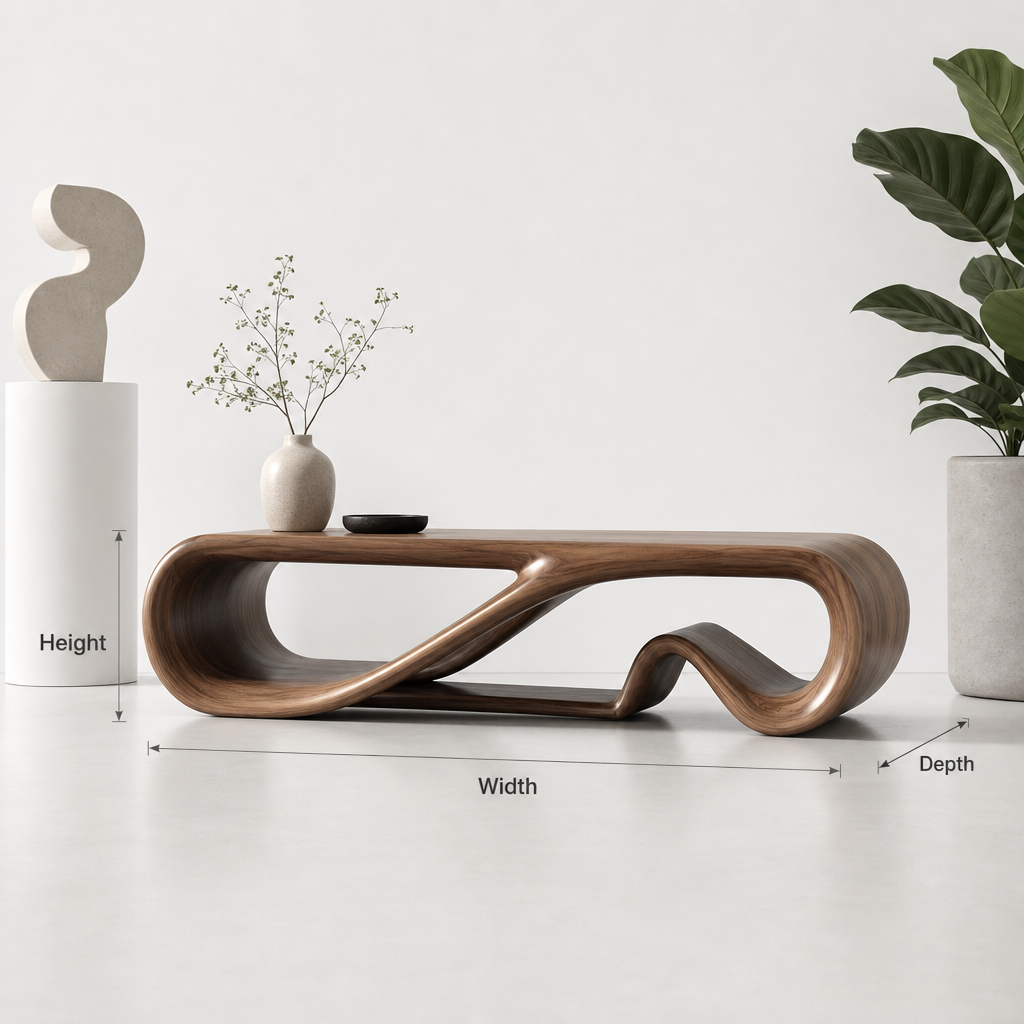 Handcrafted solid wood sculptural bench featuring an organic wave design