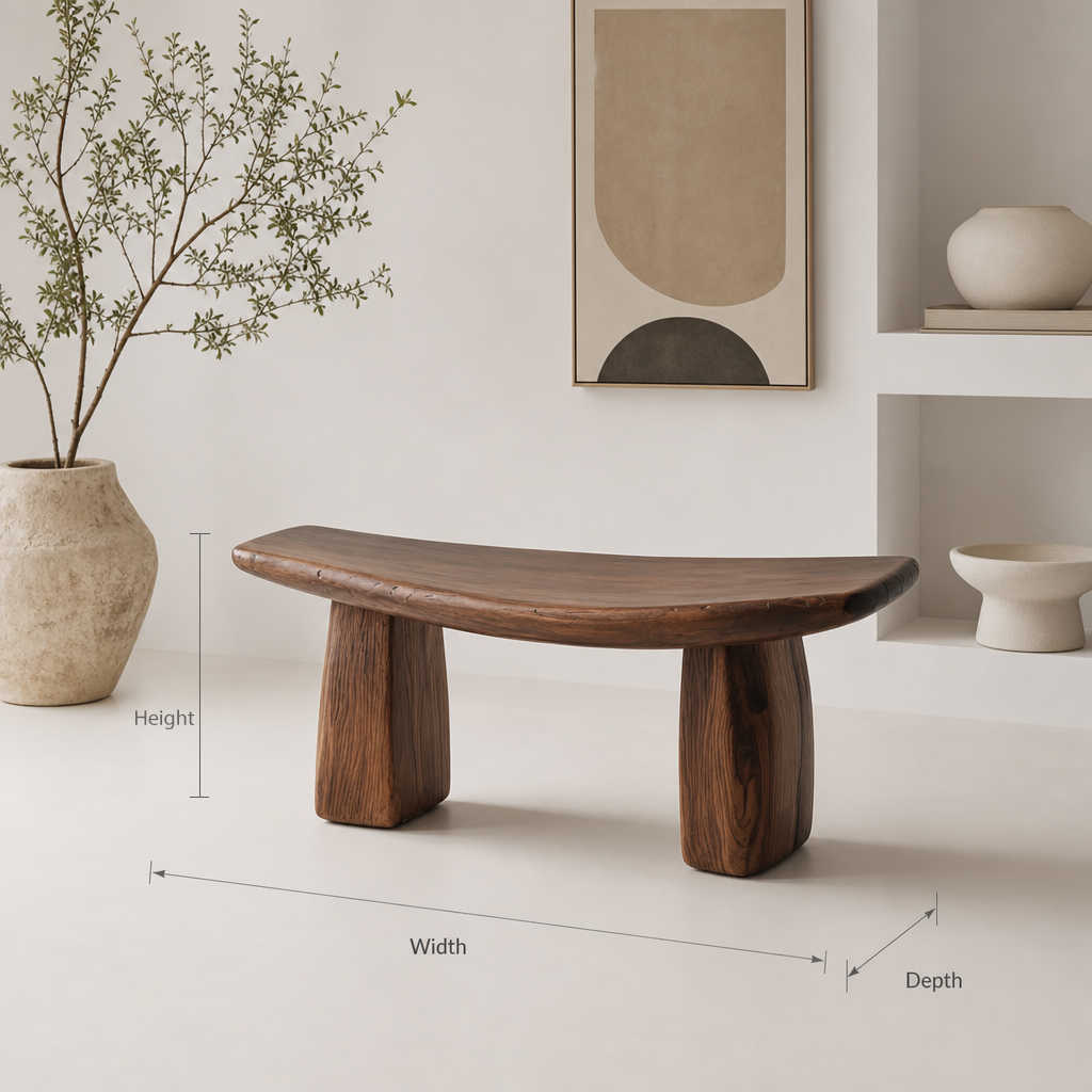 Modern rustic handcrafted solid wood sculptural bench with curved top accent