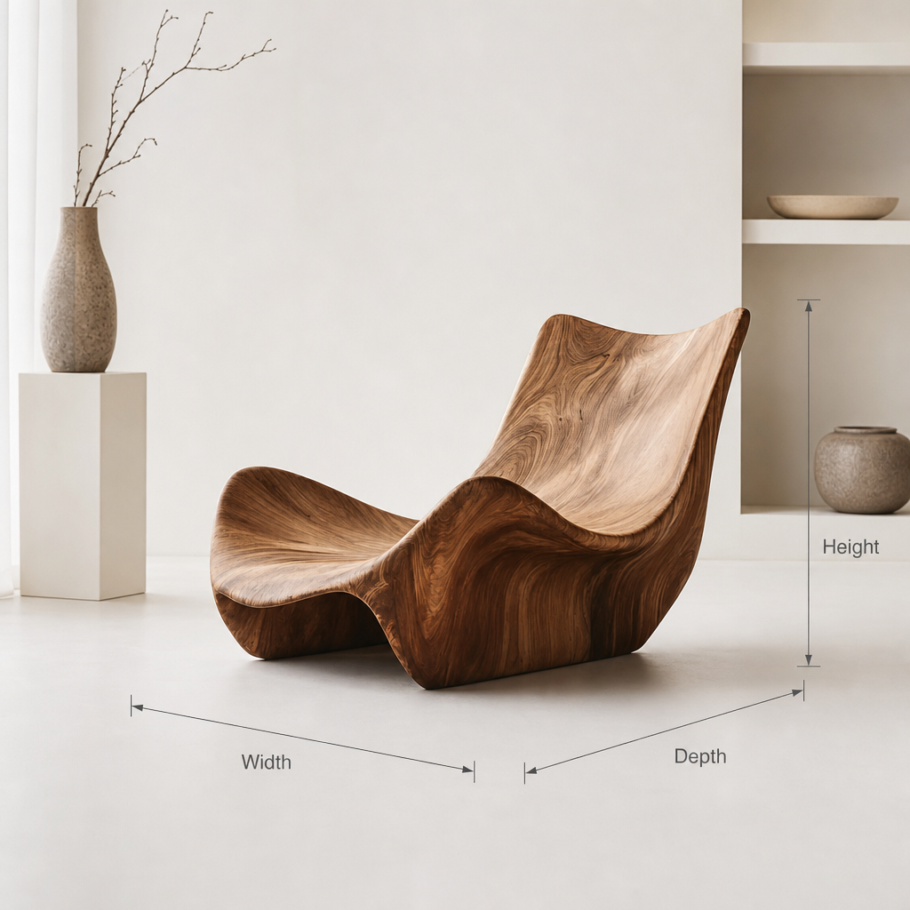 Handcrafted solid wood sculptural lounge chair with organic wave design