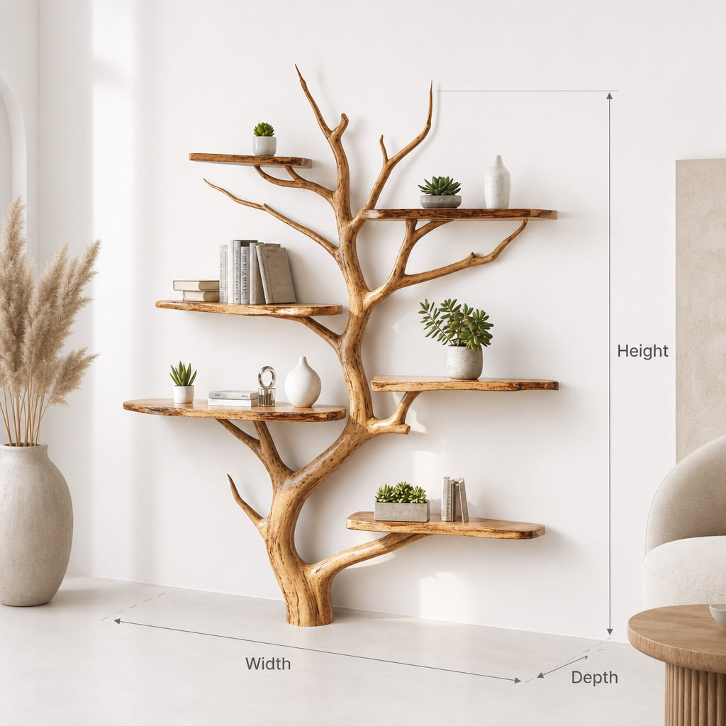 Handcrafted Solid Wood Sculptural Tree Bookshelf Wall Shelf