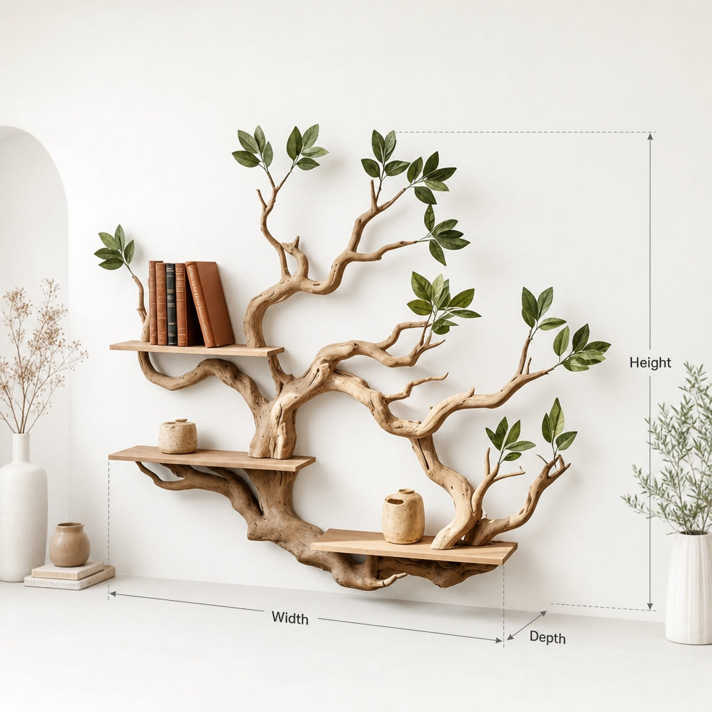 Handcrafted Solid Wood Sculptural Tree Branch Wall Shelf with Leaves