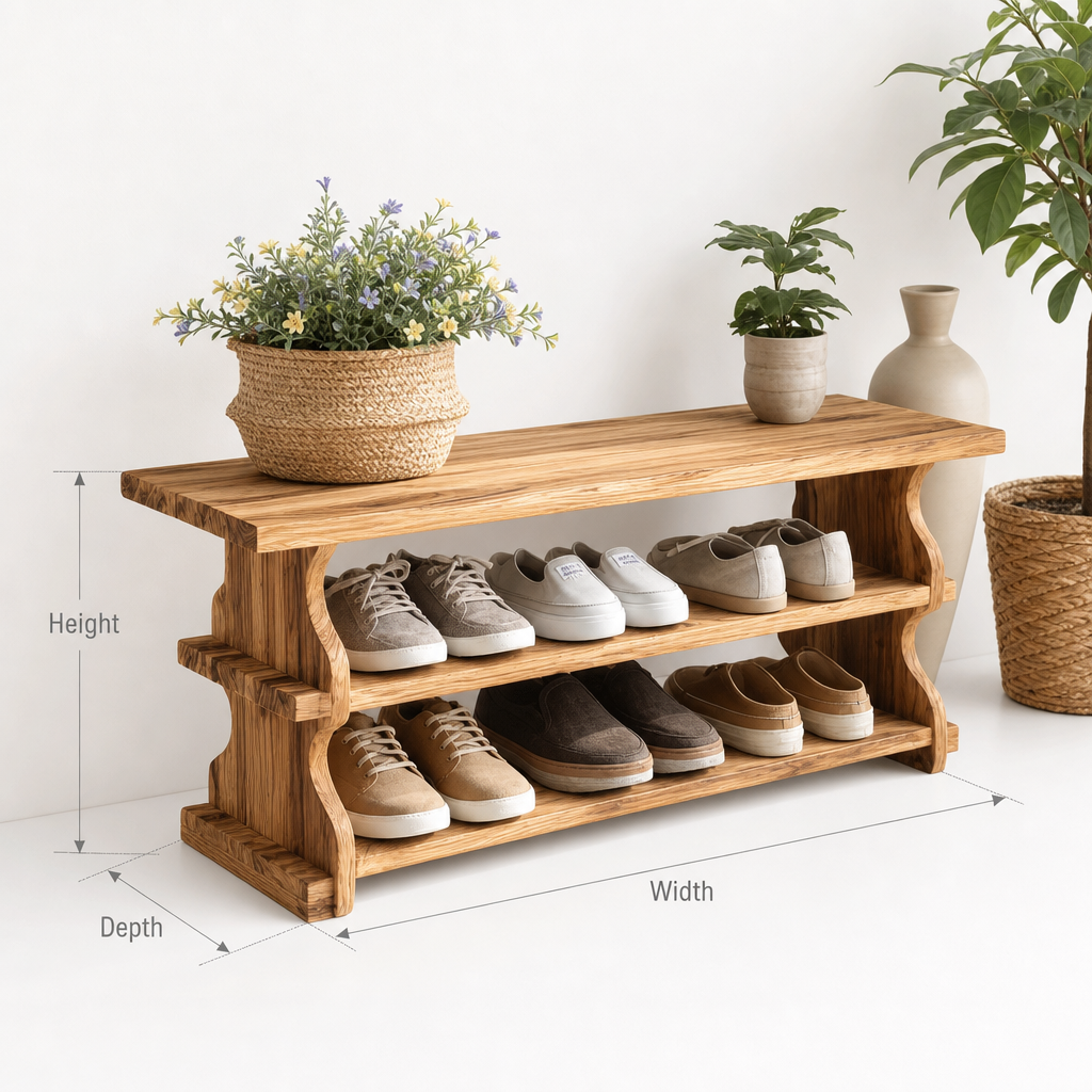 Handcrafted Solid Wood Shoe Bench – Rustic Entryway Shoe Rack with Natural Grain Shelves
