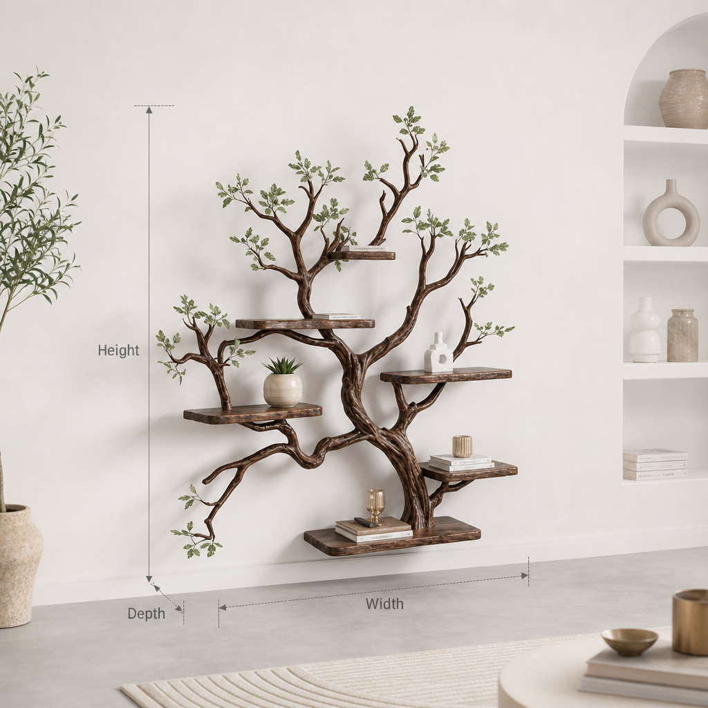 Handcrafted Solid Wood Tree Branch Wall Shelf – Large Organic Tree Sculpture Shelf