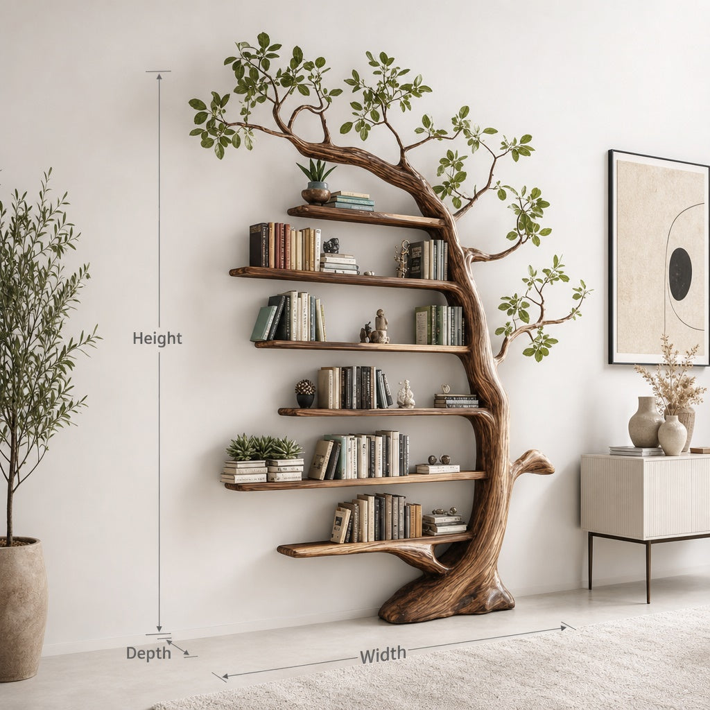 Handcrafted Tree-Inspired Wooden Bookshelf – Artistic Wall Shelf
