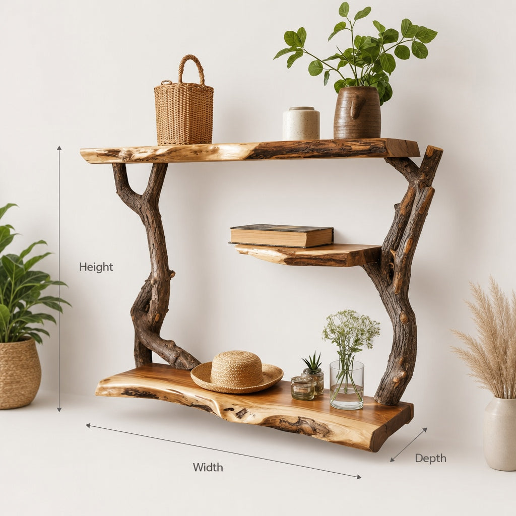 Handcrafted Tree Bookshelf Wall Mounted Sculptural Solid Wood Shelf