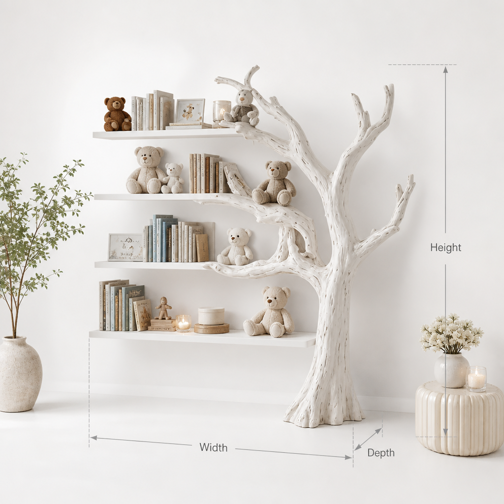 Wooden tree bookshelf painted white matching minimalist nursery room decor.