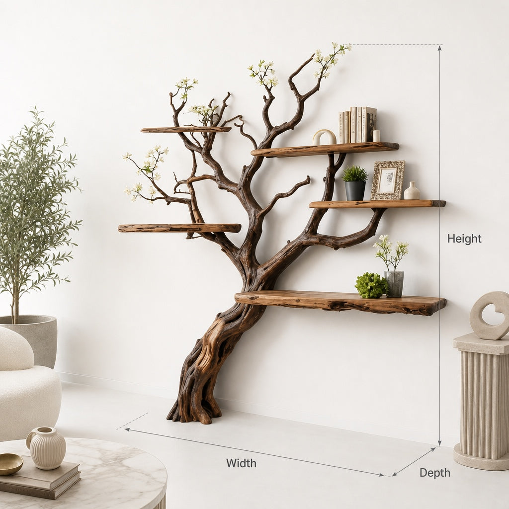 Tree branch bookshelf as artistic wall decor in a modern home