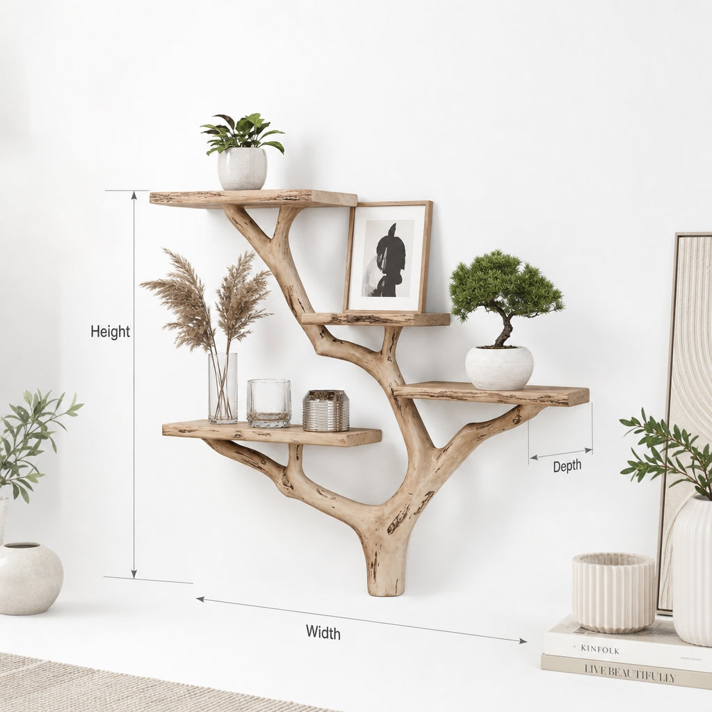 Solid wood tree bookshelf handmade with artistic branches for unique home styling