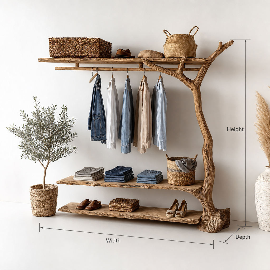 Tree branch clothing rack handcrafted wooden storage solution