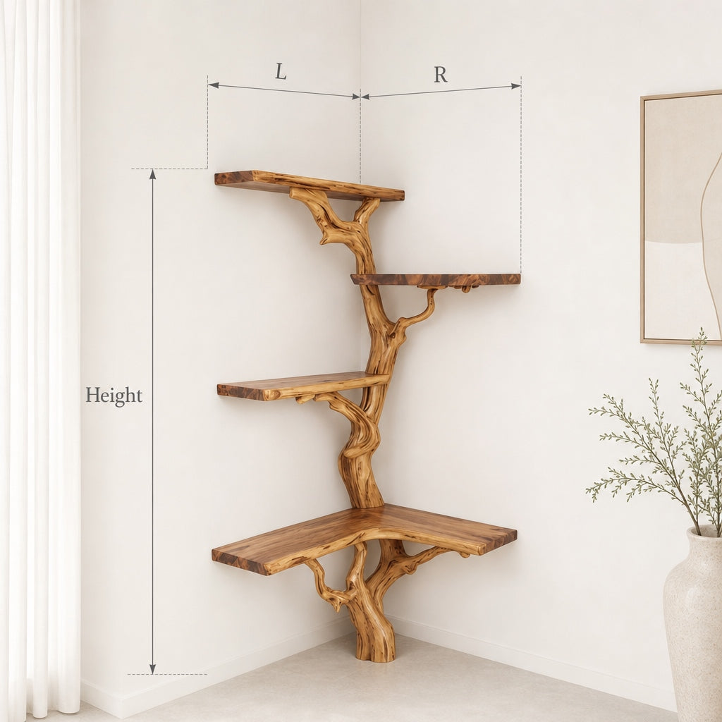 Handcrafted Tree Branch Corner Bookshelf – Unique Sculptural Wood Statement Piece