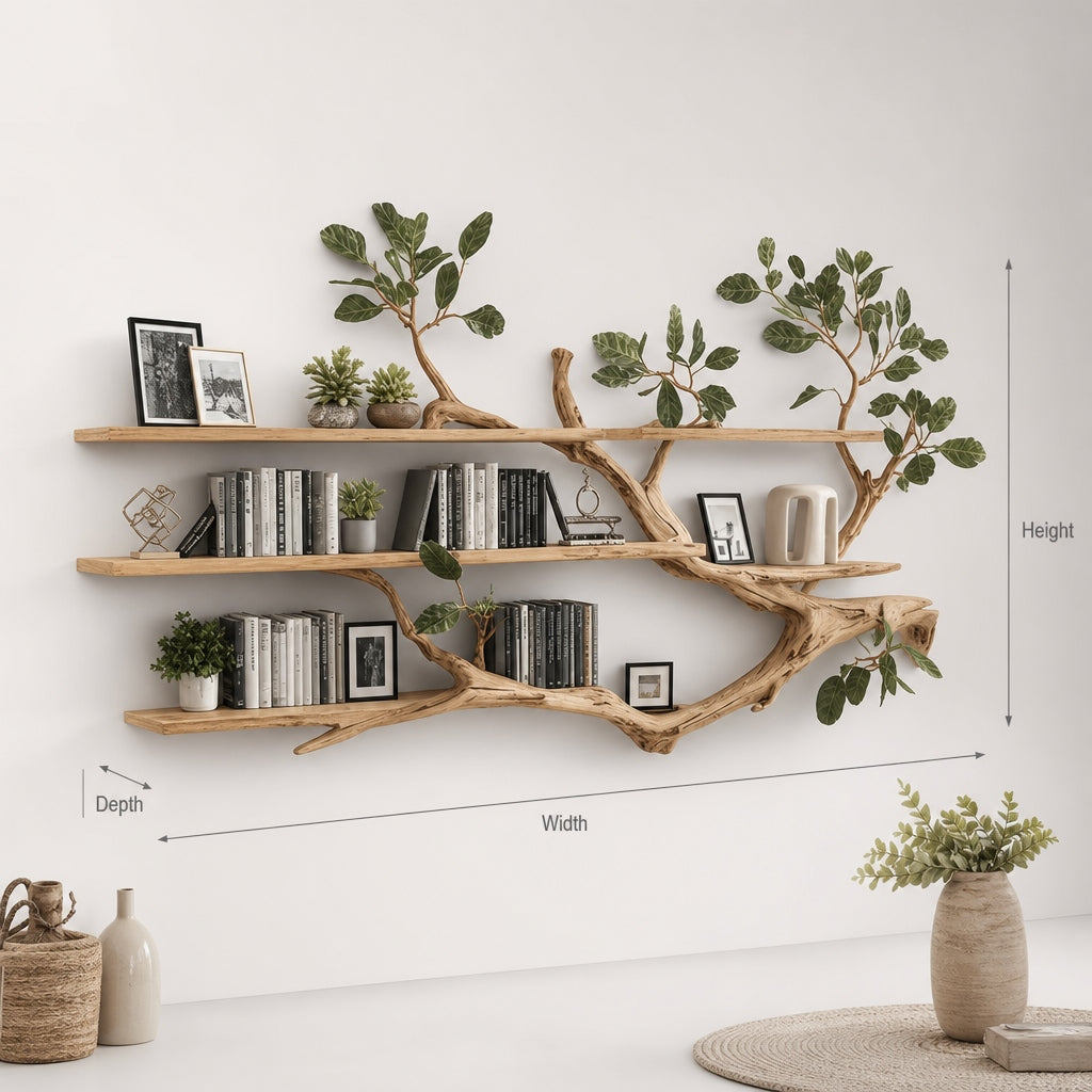 Handcrafted Tree Branch Wall Bookshelf – Natural Wood Floating Shelves