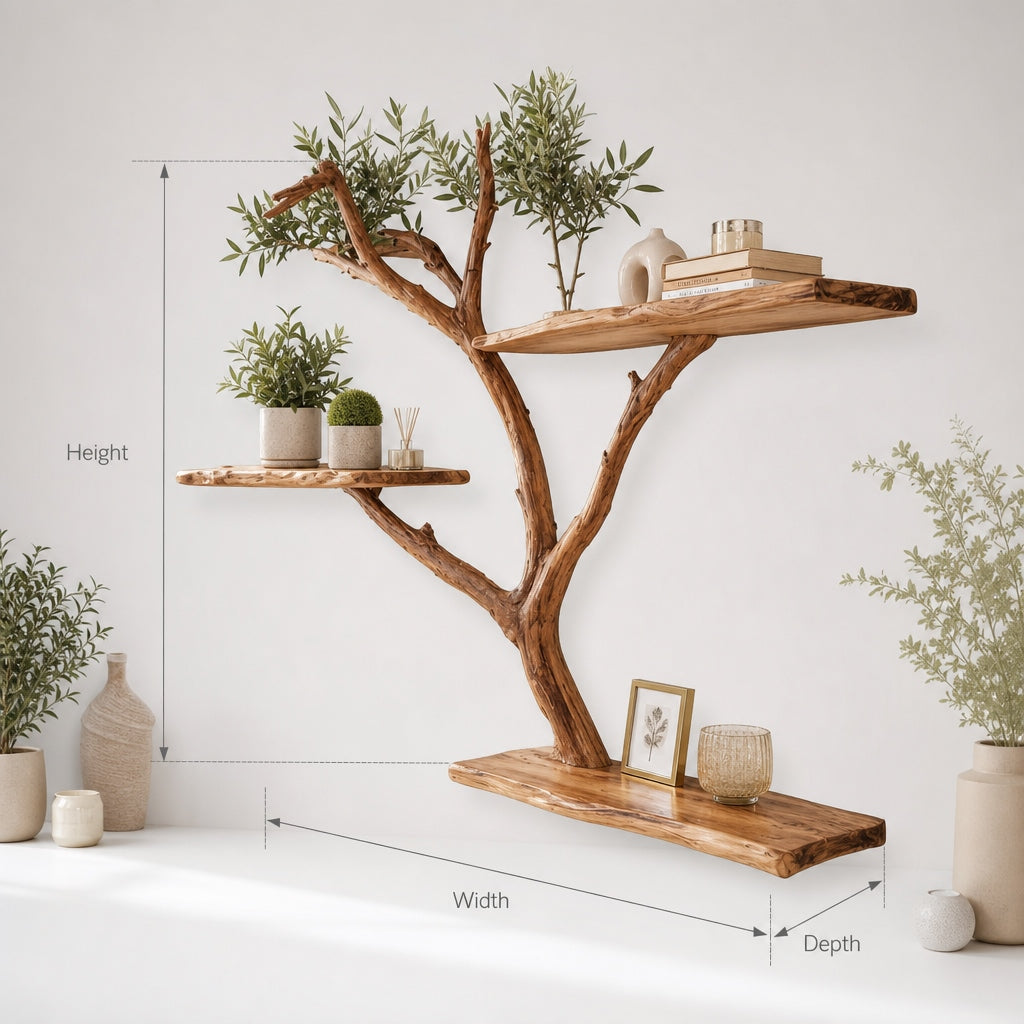 Handcrafted Tree Branch Wall Shelf – Live Edge Wooden Floating Shelf, Rustic Home Decor