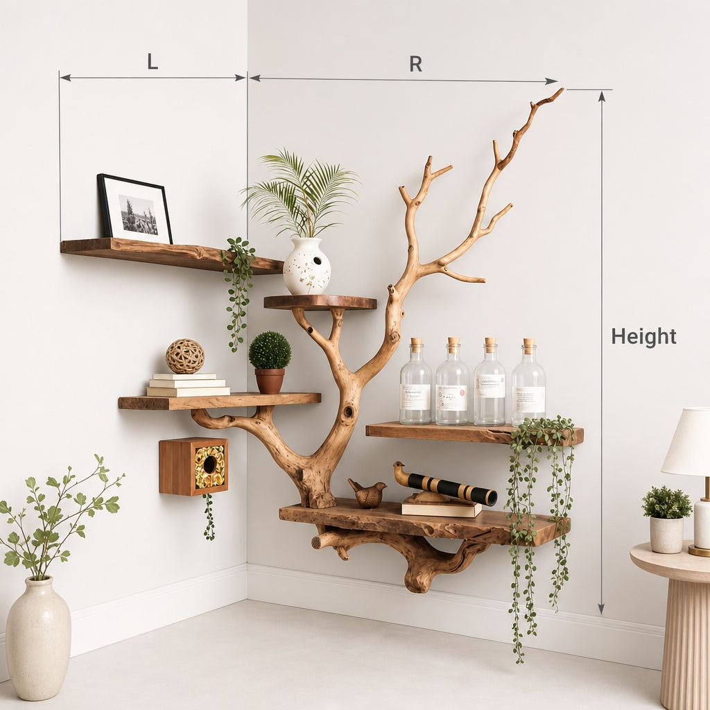 Handcrafted Tree Branch Wall Shelf – Solid Wood Sculptural Bookshelf