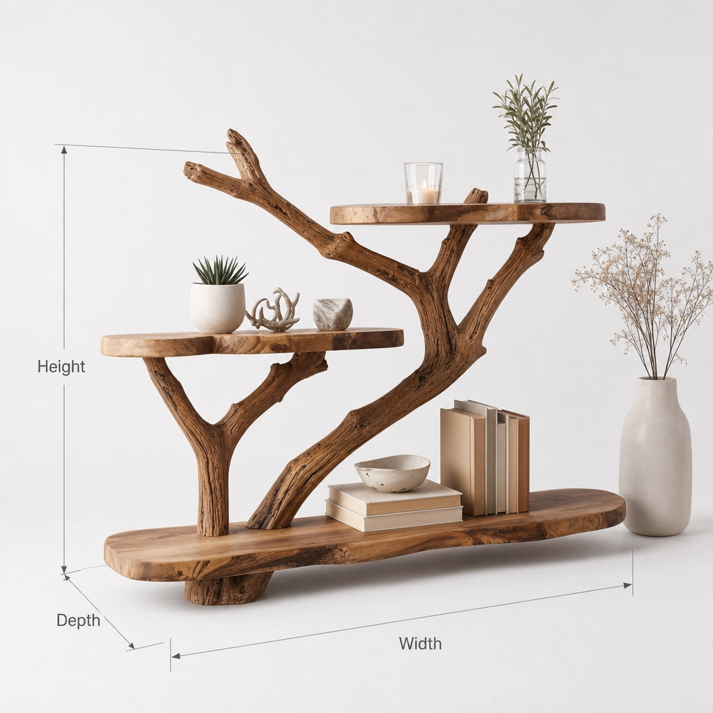 Floating tree bookshelf crafted from natural wood mounted on a wall