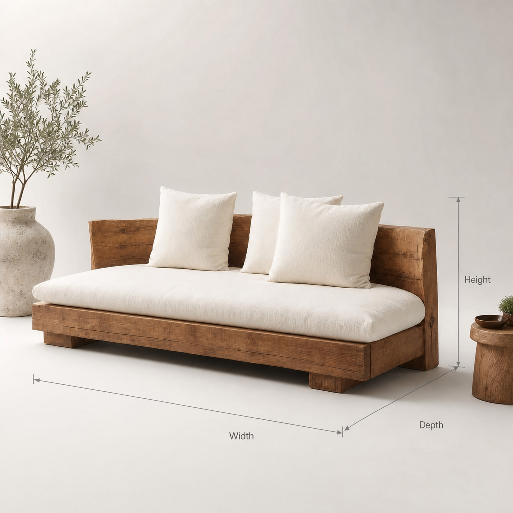 Modern handcrafted wooden frame sofa for a cozy lounge decor setup