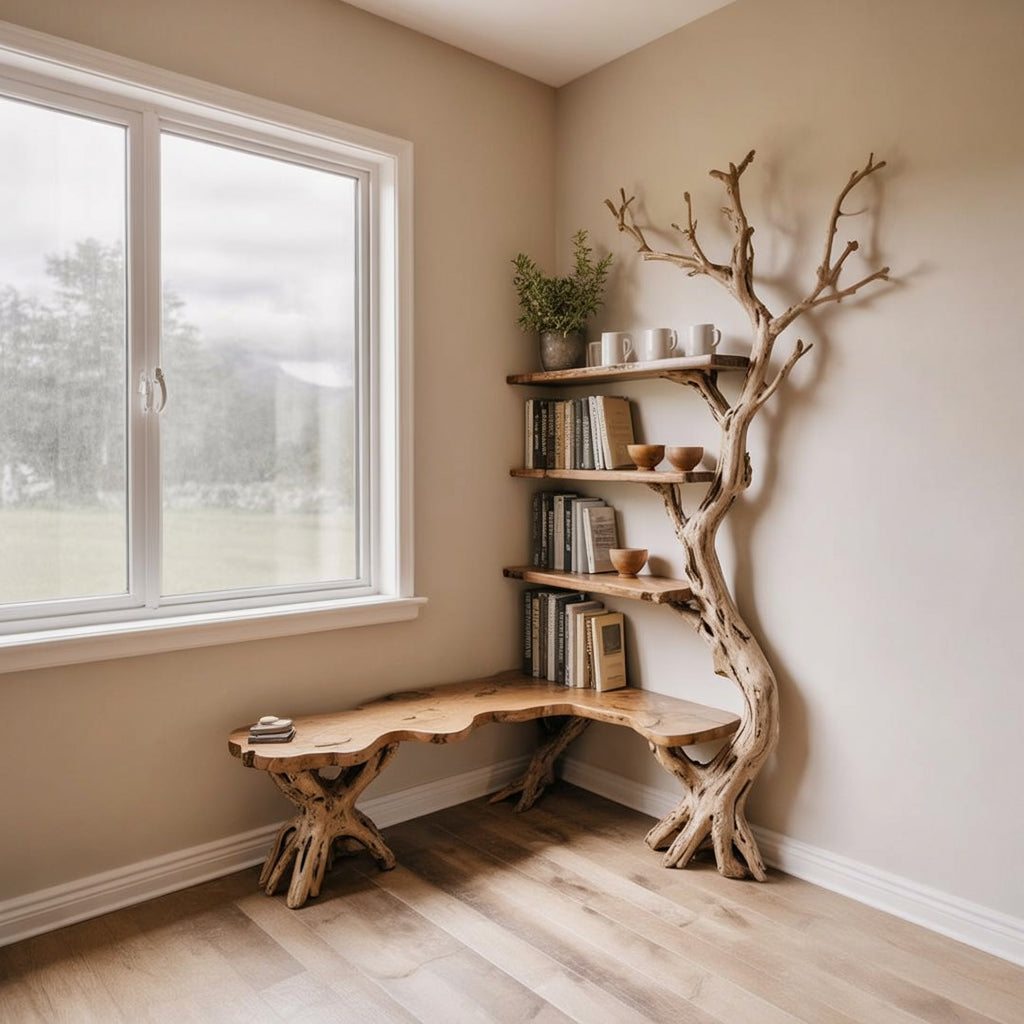 Handcrafted solid wood tree bookshelf as living room focal point