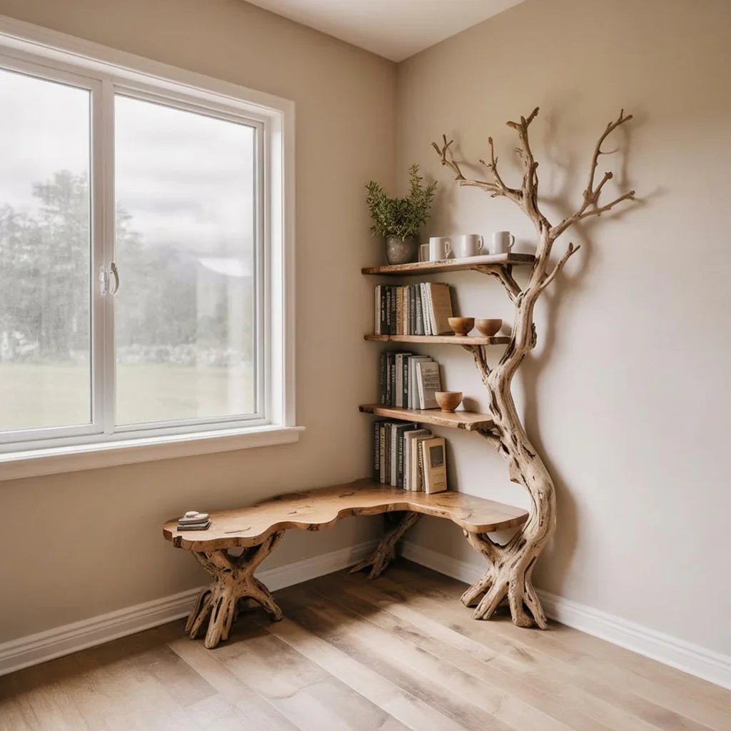 Handcrafted solid wood corner tree bookshelf as sculptural focal point in a styled living room. Solid wood live edge corner bench and tree bookshelf in sunlit minimalist room