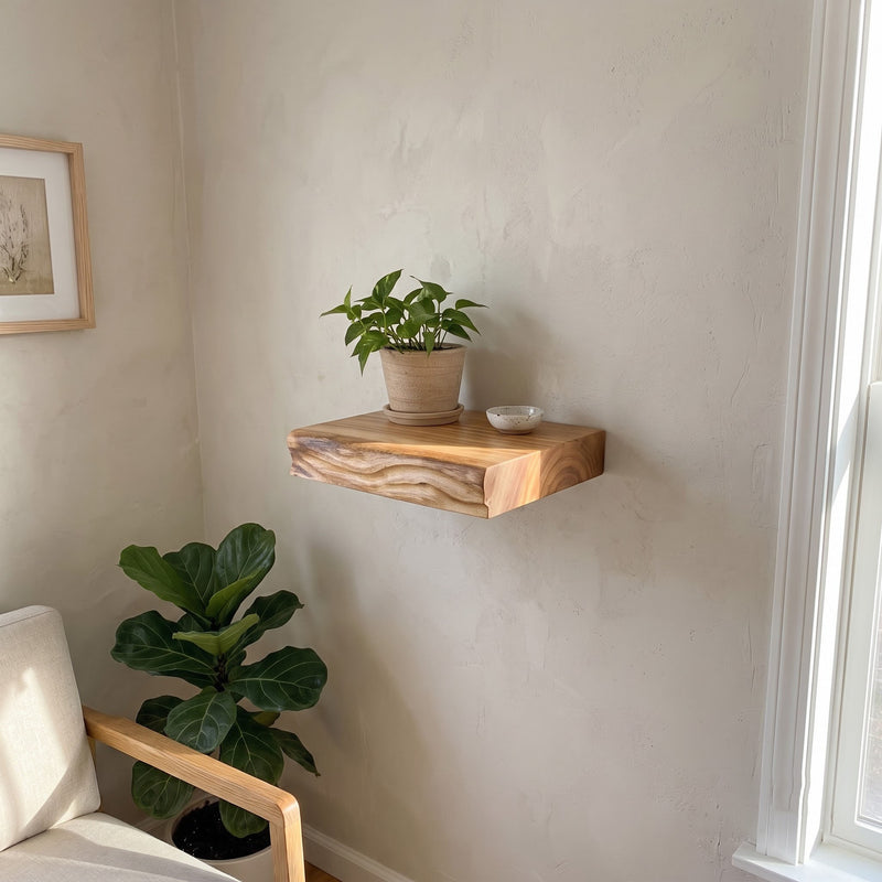 Handmade Live Edge Wood Shelf – Floating Wall Shelf for Whiskey Bar, Kitchen, or Entryway