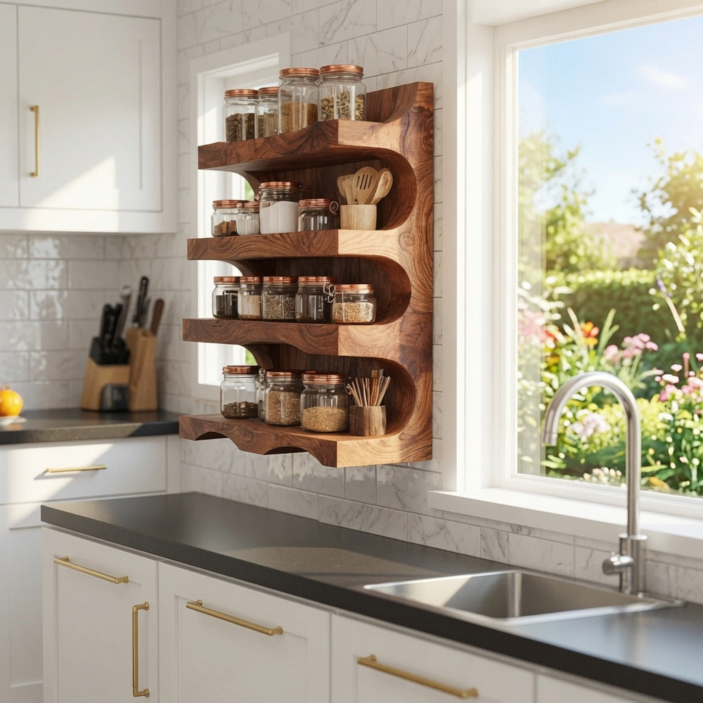 Rustic wooden spice shelf displaying seasoning jars in a modern kitchen
