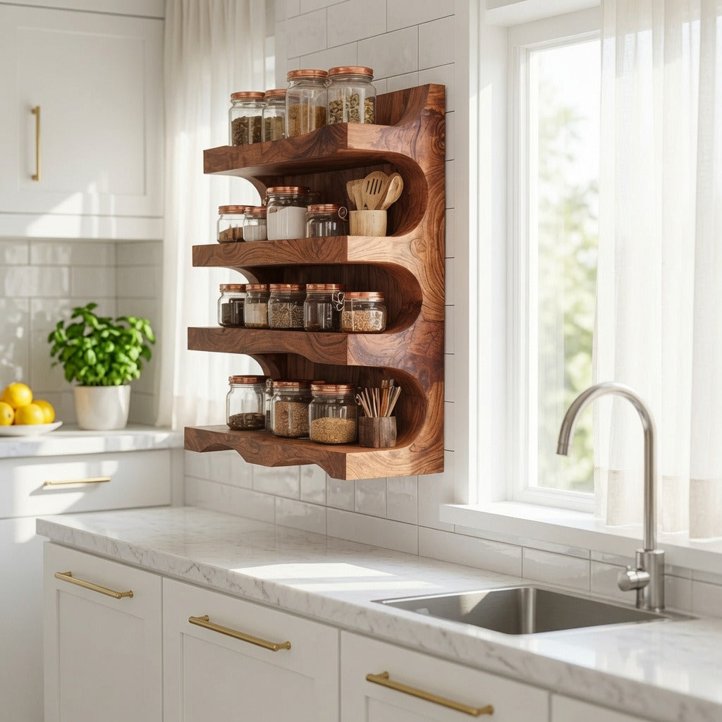 Farmhouse solid wood spice organizer mounted on a kitchen wall