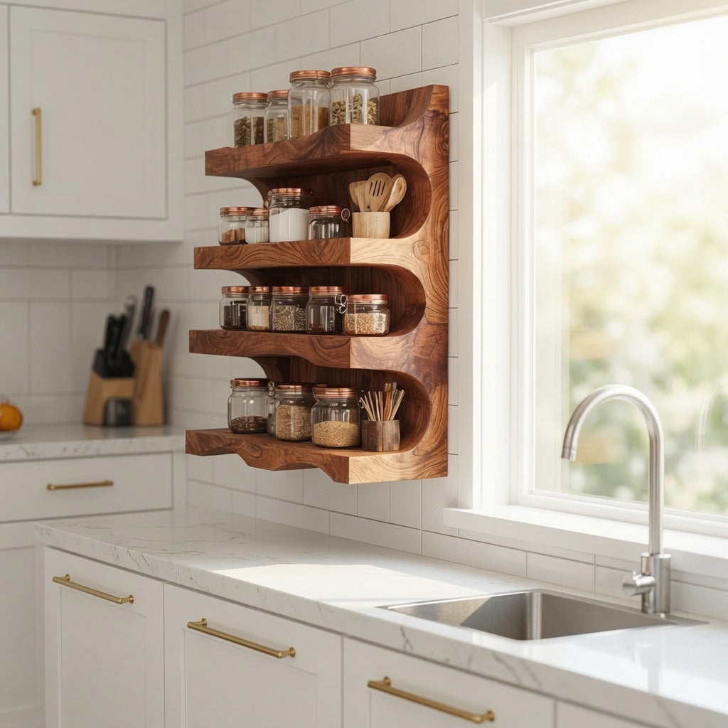 Natural hardwood spice rack enhancing a cozy country-style kitchen
