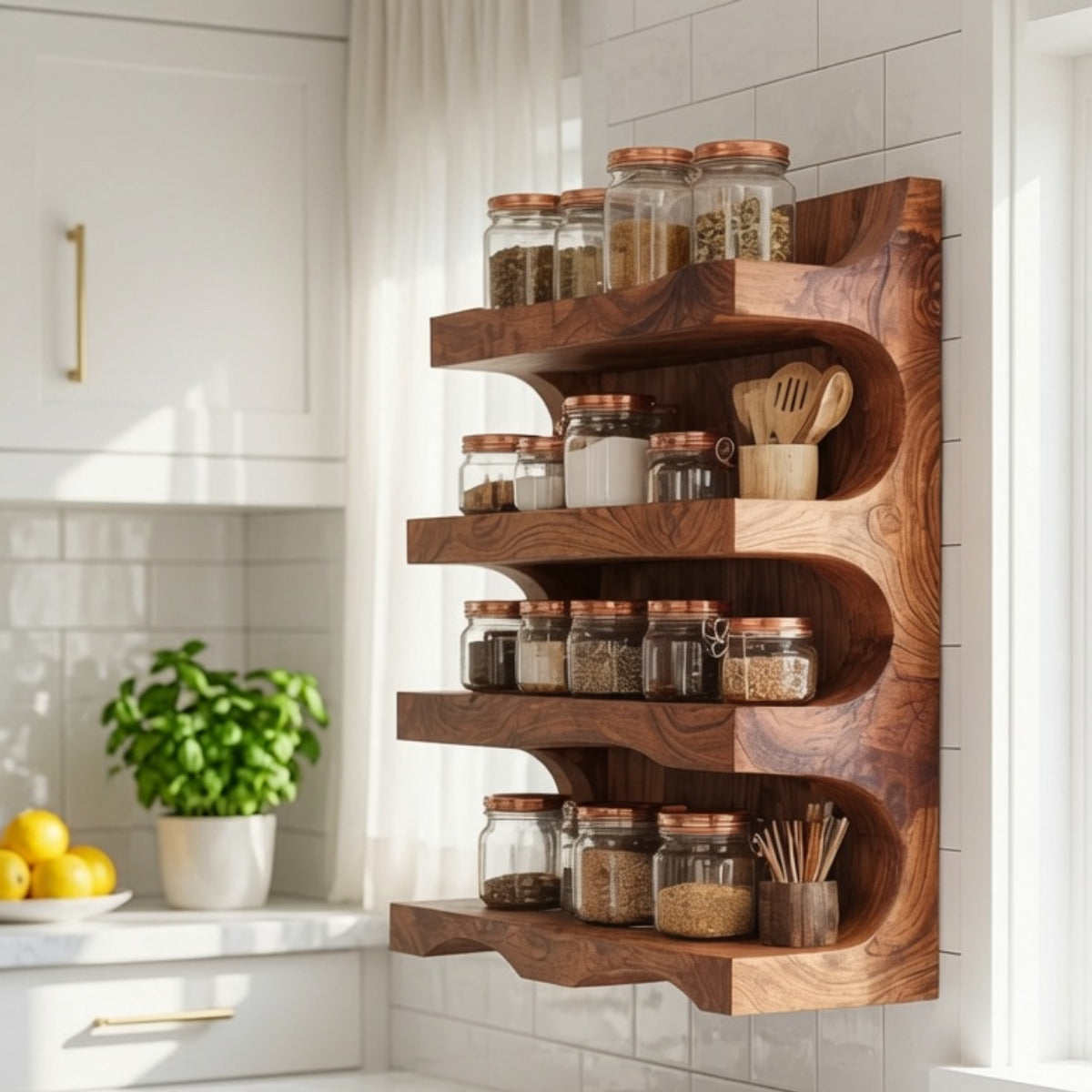 Handcrafted wooden spice storage shelf creating organized kitchen storage