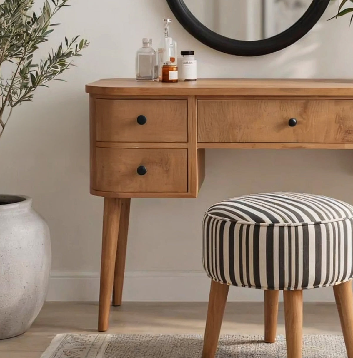 Solid wood makeup vanity featuring functional drawers and handcrafted details
