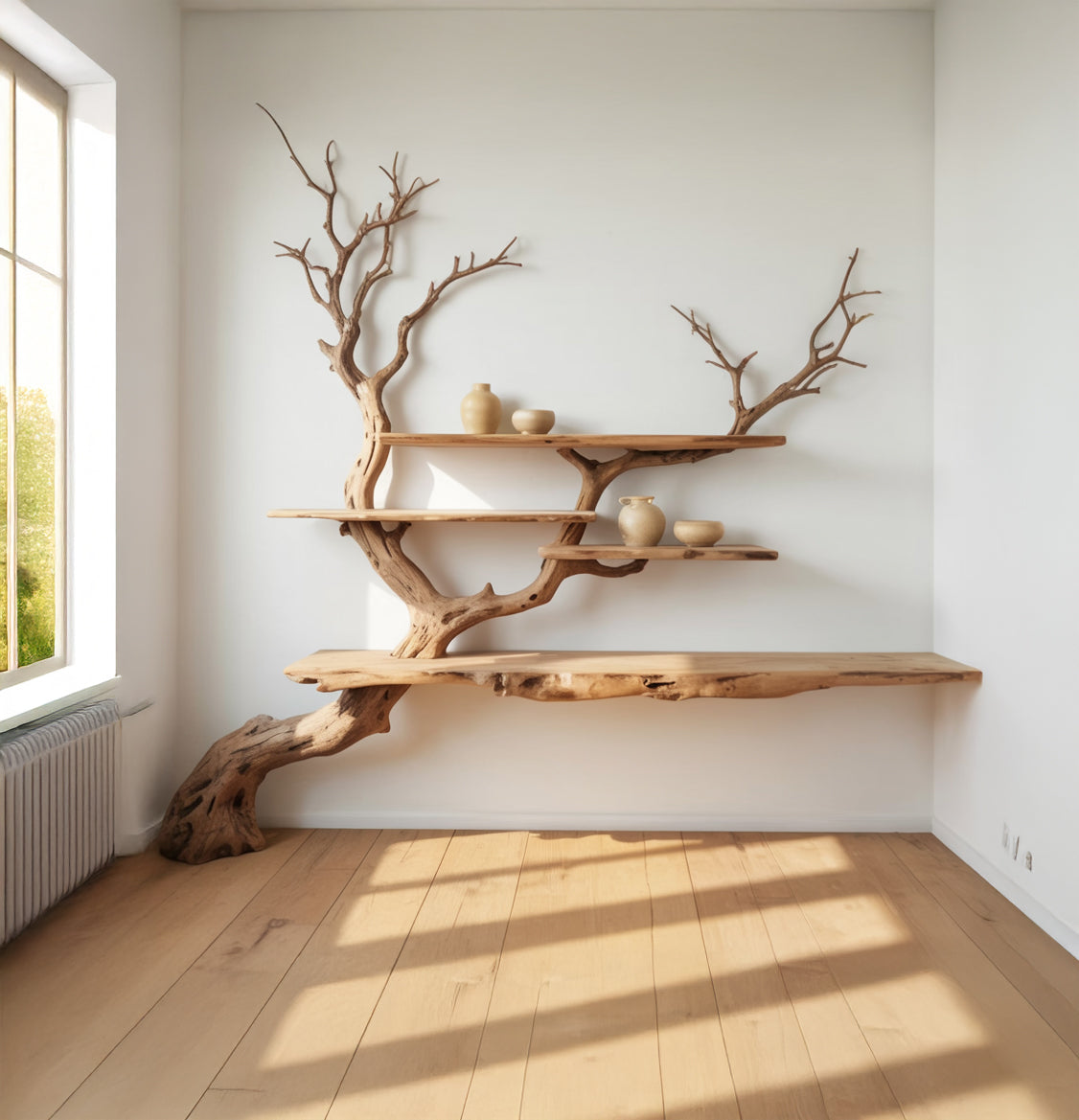 Handmade Wooden Tree Bookshelf, Sculptural Wood Wall Art Shelf