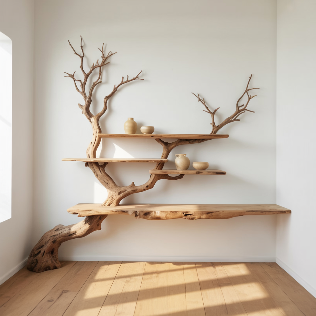 Handmade Wooden Tree Bookshelf, Sculptural Wood Wall Art Shelf
