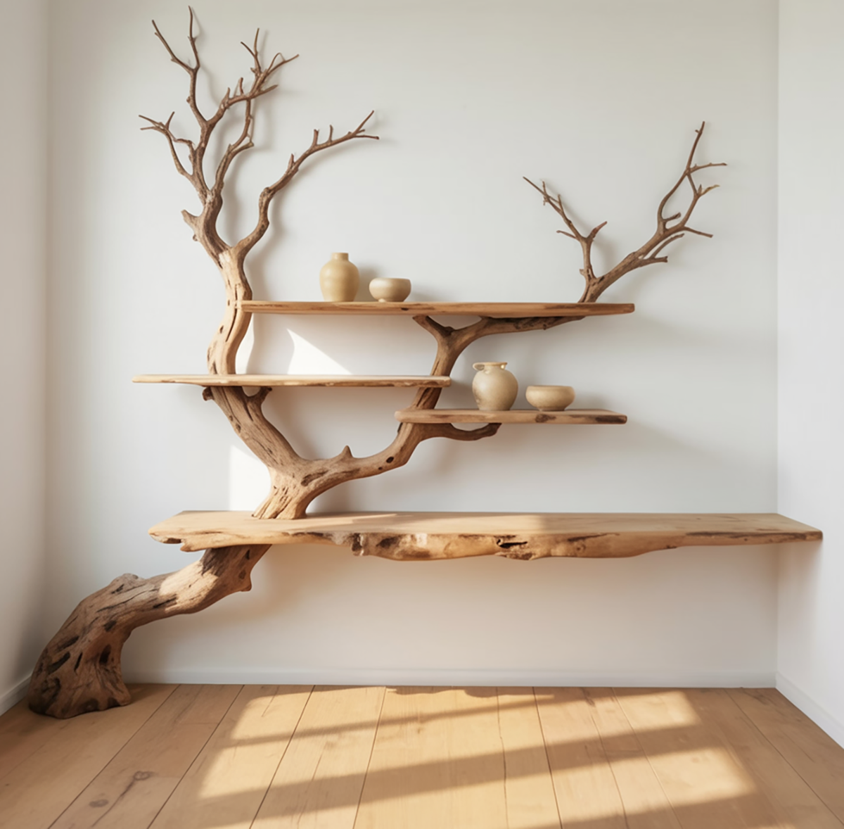 Handmade Wooden Tree Bookshelf, Sculptural Wood Wall Art Shelf