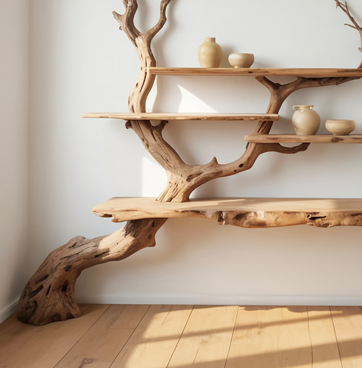 Handmade Wooden Tree Bookshelf, Sculptural Wood Wall Art Shelf