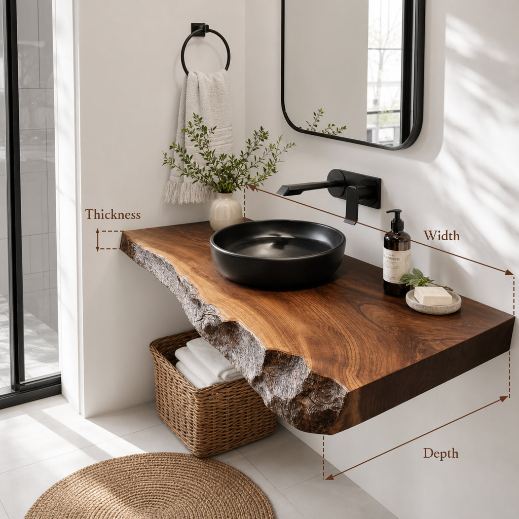 Handmade Live Edge Wood Bathroom Vanity – Rustic Floating Sink Shelf