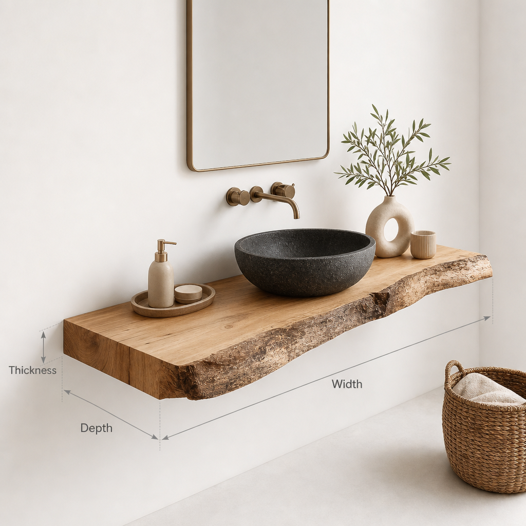 Handmade Live Edge Wood Bathroom Vanity – Rustic Solid Wood Sink Shelf